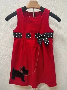 Bonnie Baby Red Corduroy Jumper Dress with Polka Dot Bow 6